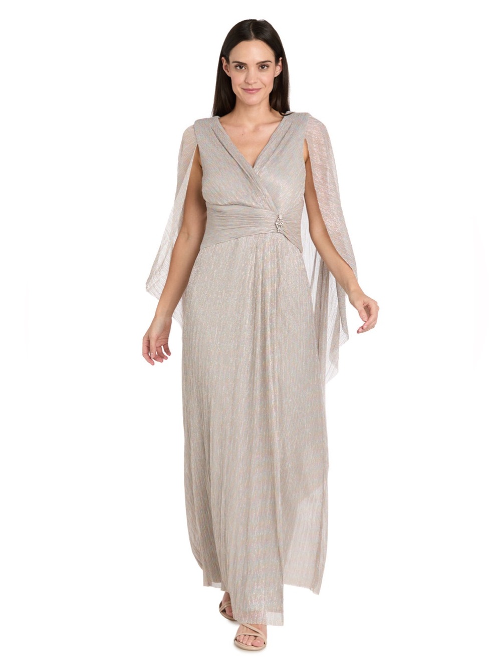 R&M Richards Metallic Silver V-Neck Gown Size 14
